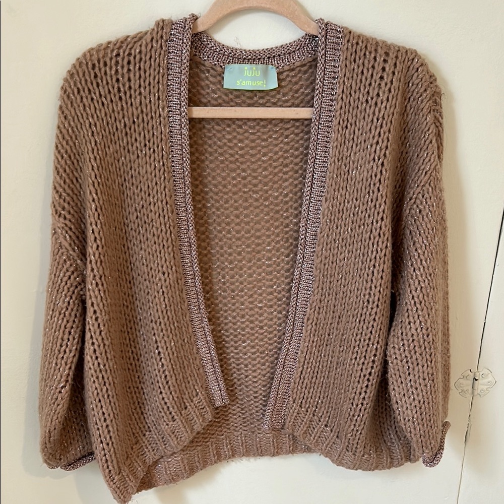 Rose Gold Knit Cardigan Sweater with Pink Metallic Detail and Embellishment M